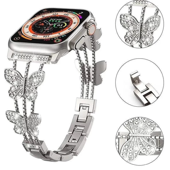 Apple Watch Seri 2/3/4/5/6/7/8/9/se 42 44 45 49 mm Uyumlu Metal Ayarlanabilir Kelebekli Kordon ürün görseli 1