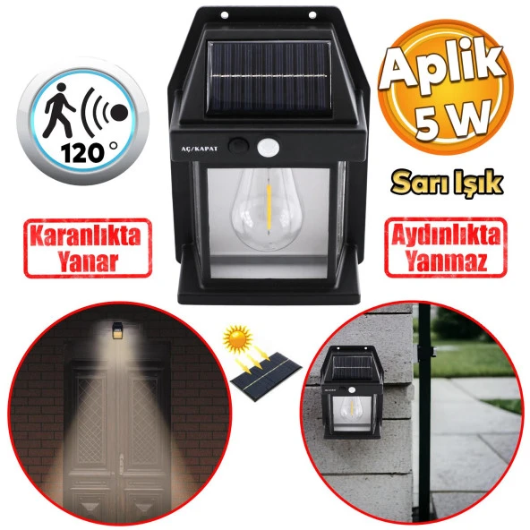 Güneş Enerjili Dış Aydınlatma 3 Modlu Işıklandırma Sensörlü Sarı Işıklı Aplik 5 W Portatif Fener Lamba ürün görseli 1