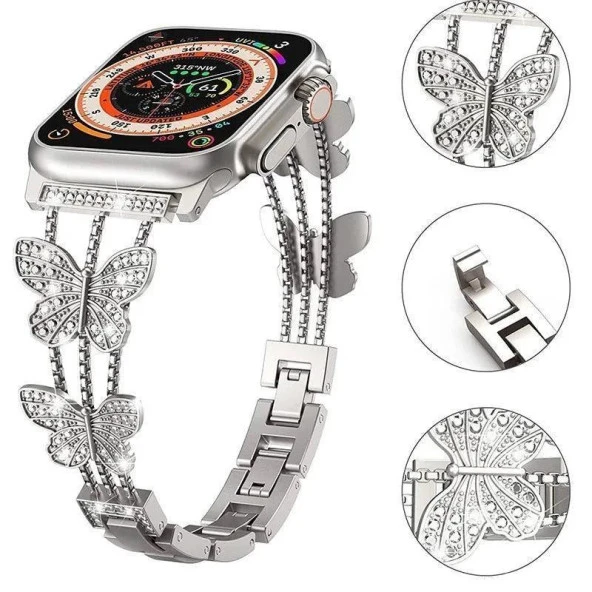 Apple Watch Seri 2/3/4/5/6/7/8/9/se 42 44 45 49 mm Uyumlu Metal Ayarlanabilir Kelebekli Kordon ürün görseli 1
