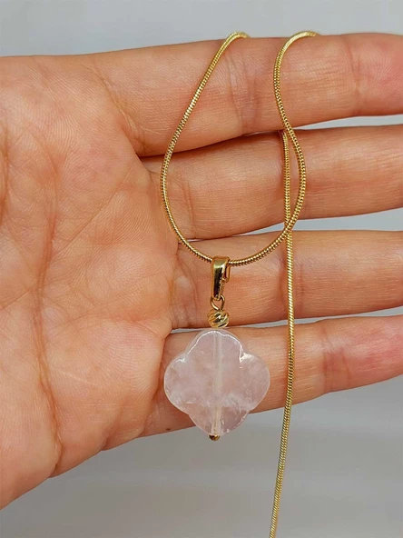Pembe Kuvars Taşı Kolye Ucu Yonca Temalı Altın Kaplama Zincirli (49804) ürün görseli 1