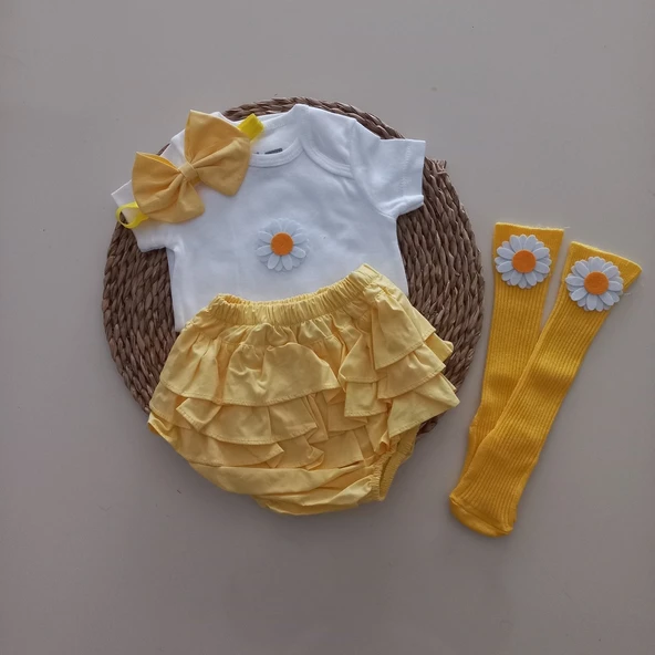 MARS BABY Kız Bebek Sarı Çiçek Fırfır Şort Etek Bodyli Çorap Takımı ürün görseli 1