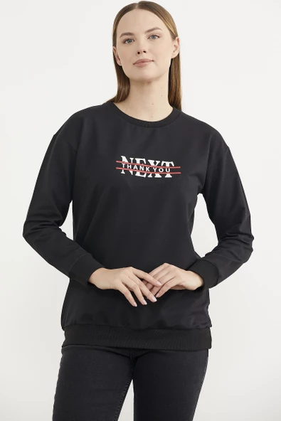 Sıfır Yaka Oversize Sweatshirt - Siyah - Resim 3