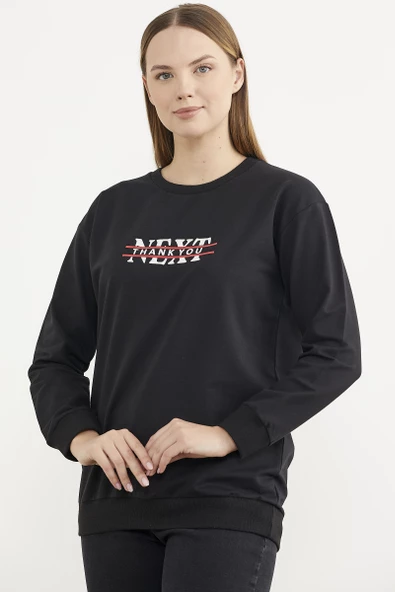 Sıfır Yaka Oversize Sweatshirt - Siyah - Resim 4