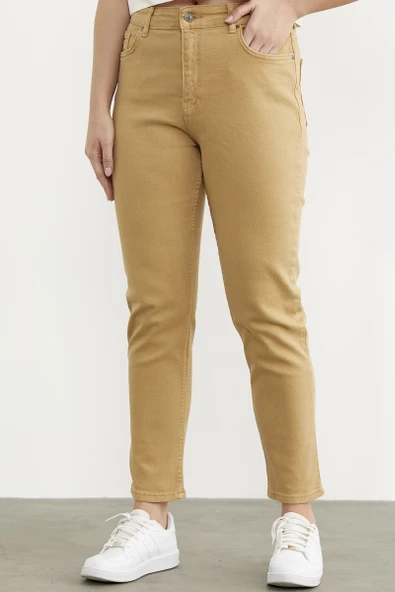 Likralı Fit Mom Jean - Kamel - Resim 2