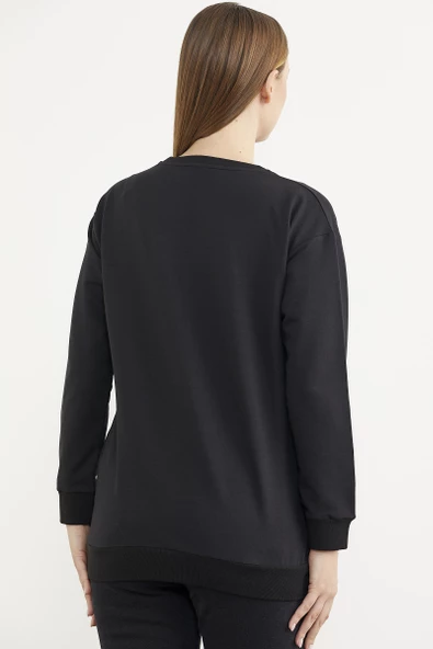 Sıfır Yaka Oversize Sweatshirt - Siyah - Resim 5