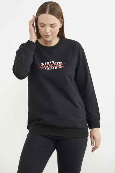 Sıfır Yaka Oversize Sweatshirt - Siyah - Resim 2