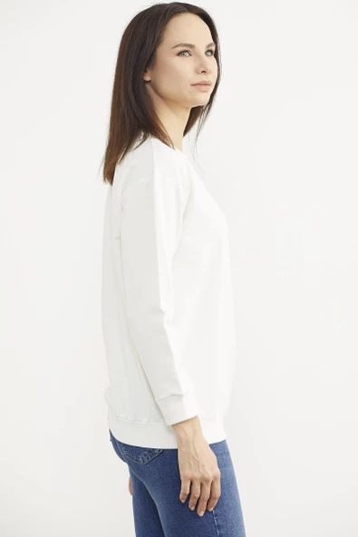 Sıfır Yaka Oversize Sweatshirt - Ekru - Resim 4
