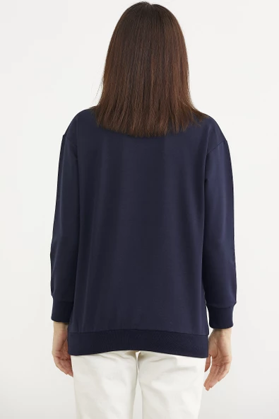 Sıfır Yaka Oversize Sweatshirt - Lacivert - Resim 4