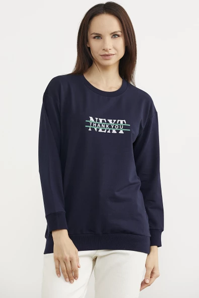 Sıfır Yaka Oversize Sweatshirt - Lacivert - Resim 3