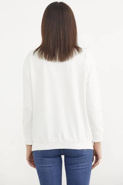 Sıfır Yaka Oversize Sweatshirt - Ekru - Resim 5