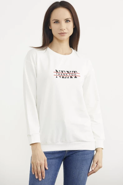 Sıfır Yaka Oversize Sweatshirt - Ekru - Resim 2