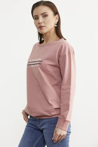Sıfır Yaka Oversize Sweatshirt - Gül Kurusu - Resim 4