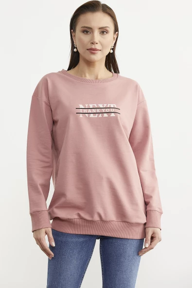 Sıfır Yaka Oversize Sweatshirt - Gül Kurusu ürün görseli 1