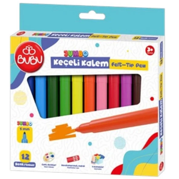 Bu-Bu Keçeli Kalem Jumbo 5 MM Karton Kutu 12 Renk Jumbo Keçeli Boya Kalemi ürün görseli 1