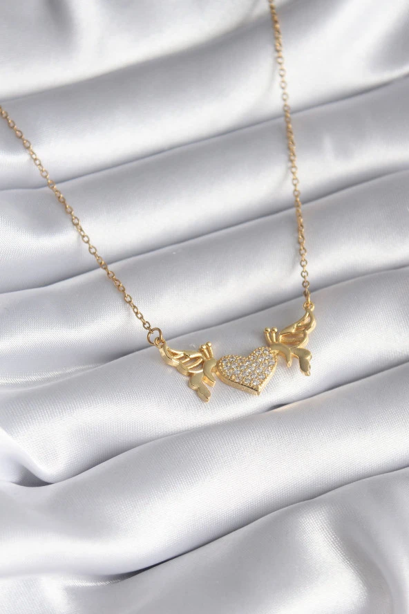 316L Çelik Gold Renk Zirkon Taşlı Kanatlı Kalp Model Kadın Kolye - TJ-BKO8290 ürün görseli 1