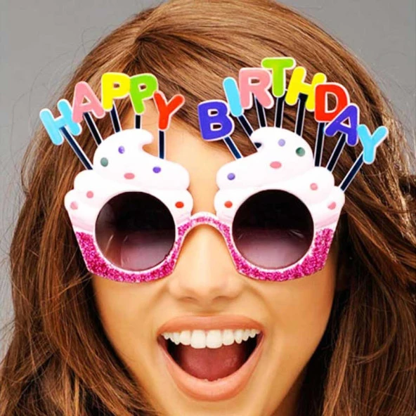 Happy Birthday Yazılı Beyaz Fuşya Renk Parti Gözlüğü 12x7 cm ürün görseli 1