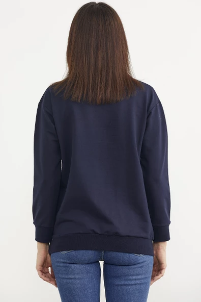 Baskılı Oversize Basic Sweatshirt - Lacivert - Resim 5