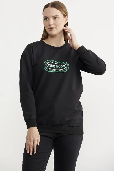 Baskılı Oversize Basic Sweatshirt - Siyah - Resim 4