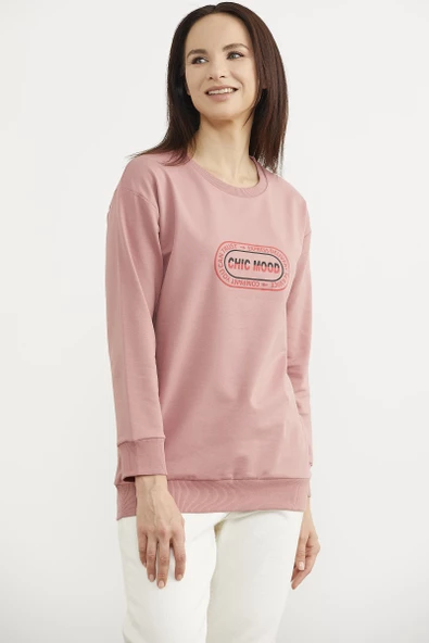Baskılı Oversize Basic Sweatshirt - Gül Kurusu - Resim 3