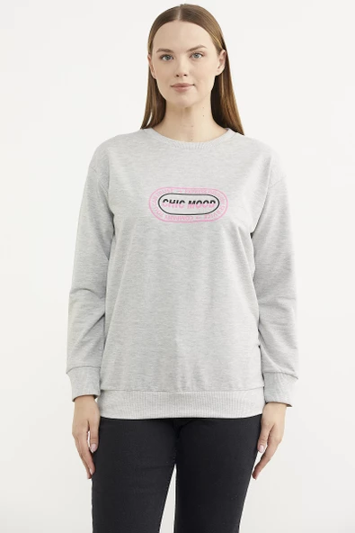 Baskılı Oversize Basic Sweatshirt - Gri ürün görseli 1