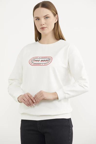 Baskılı Oversize Basic Sweatshirt - Ekru - Resim 4