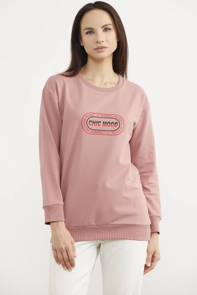 Baskılı Oversize Basic Sweatshirt - Gül Kurusu ürün görseli 1