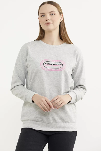 Baskılı Oversize Basic Sweatshirt - Gri - Resim 2