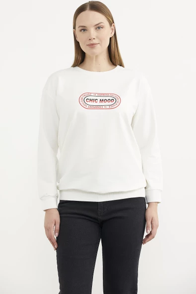 Baskılı Oversize Basic Sweatshirt - Ekru ürün görseli 1