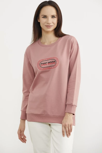 Baskılı Oversize Basic Sweatshirt - Gül Kurusu - Resim 2