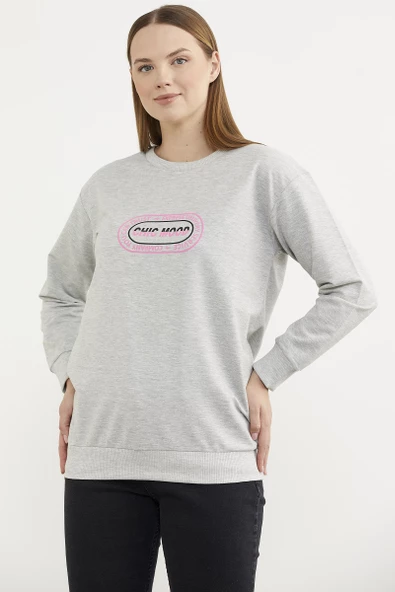 Baskılı Oversize Basic Sweatshirt - Gri - Resim 3