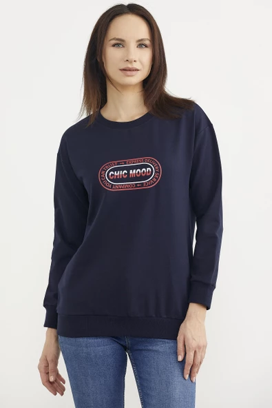 Baskılı Oversize Basic Sweatshirt - Lacivert - Resim 2