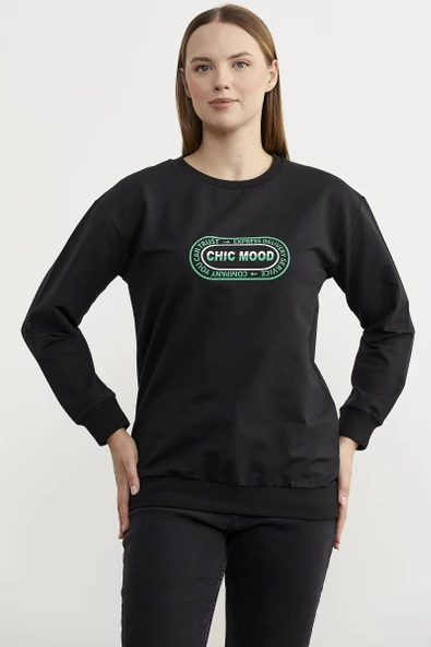Baskılı Oversize Basic Sweatshirt - Siyah - Resim 3