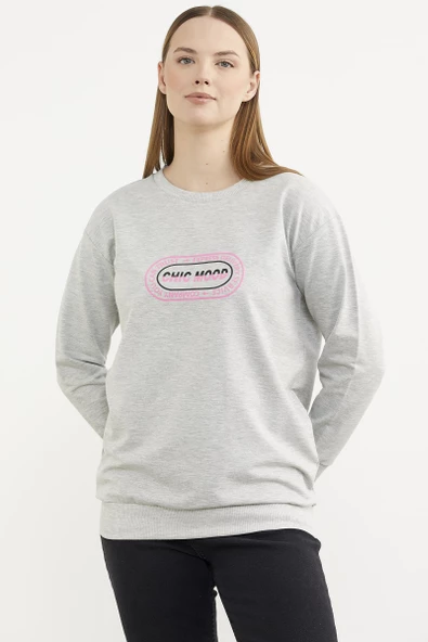 Baskılı Oversize Basic Sweatshirt - Gri - Resim 4