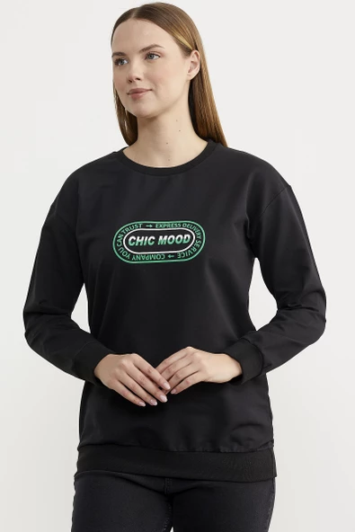 Baskılı Oversize Basic Sweatshirt - Siyah - Resim 2