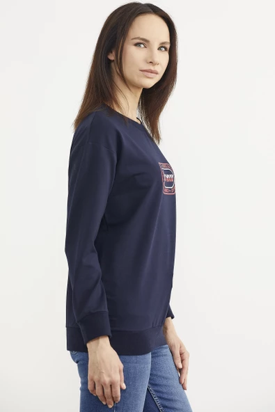 Baskılı Oversize Basic Sweatshirt - Lacivert - Resim 3