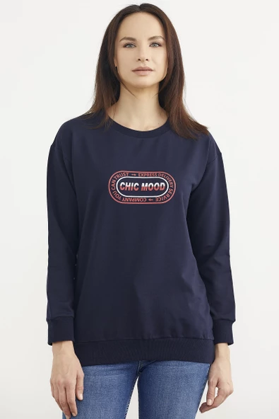 Baskılı Oversize Basic Sweatshirt - Lacivert ürün görseli 1