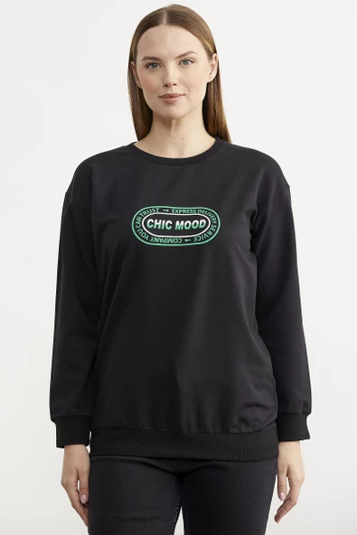 Baskılı Oversize Basic Sweatshirt - Siyah ürün görseli 1