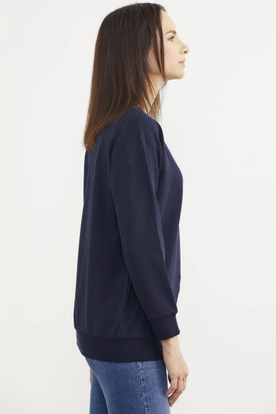 Baskılı Oversize Basic Sweatshirt - Lacivert - Resim 4