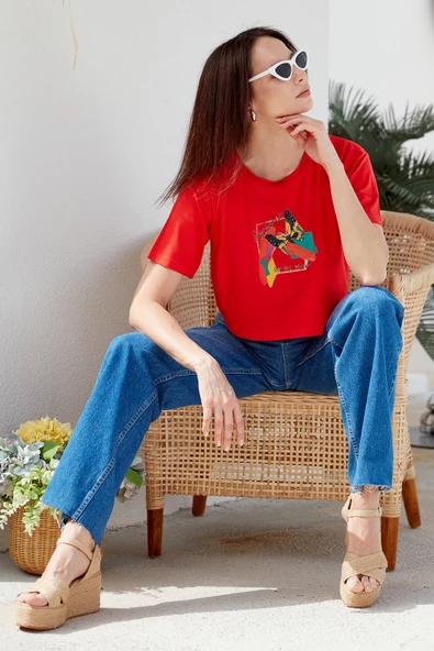 Oversize Baskılı Crop Tişört - Mercan ürün görseli 1