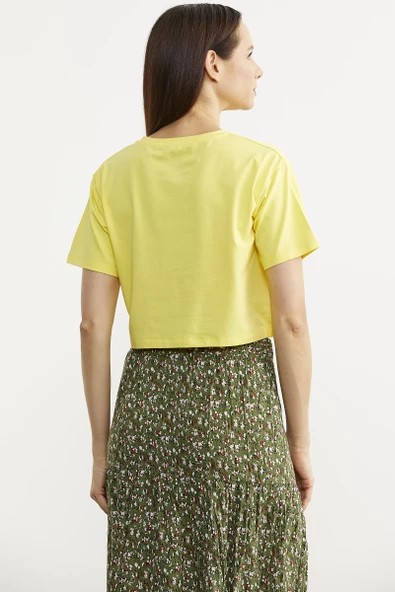 Oversize Baskılı Crop Tişört - Sarı - Resim 5