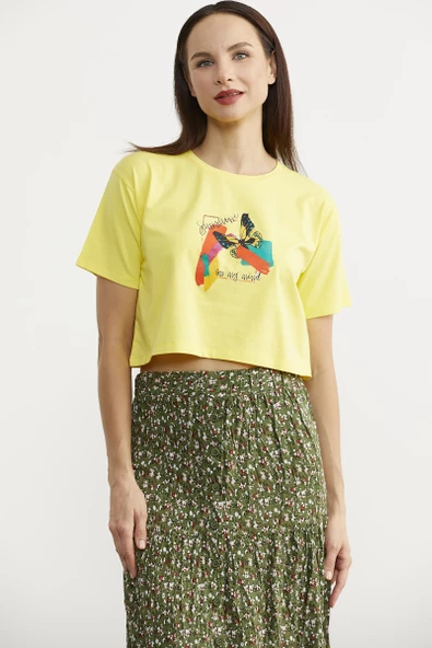 Oversize Baskılı Crop Tişört - Sarı - Resim 2