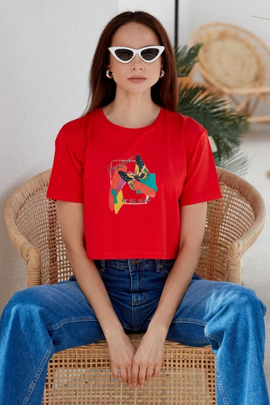 Oversize Baskılı Crop Tişört - Mercan - Resim 2