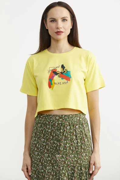 Oversize Baskılı Crop Tişört - Sarı ürün görseli 1