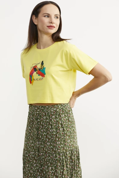 Oversize Baskılı Crop Tişört - Sarı - Resim 4