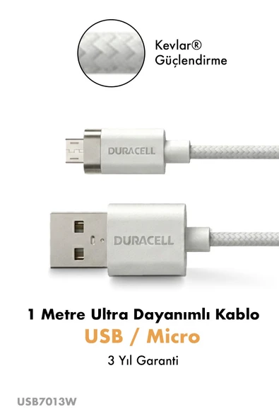 Duracell USB A to Micro Hızlı Şarj Kablosu 1 metre Kevlar Örgülü Dayanıklı Data Kablosu - Beyaz ürün görseli 1