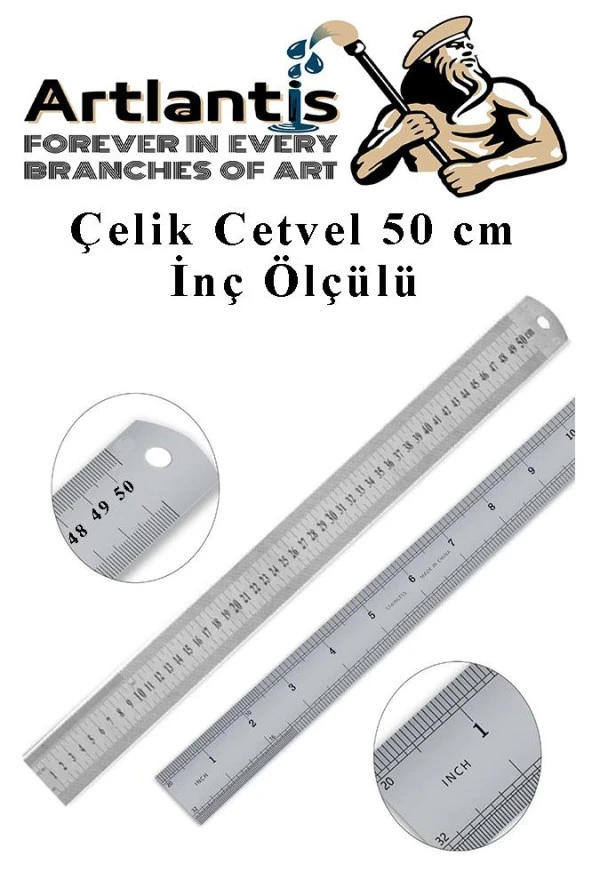 Çelik Cetvel 50 cm İnç Ölçülü 1 Adet Paslanmaz Çelik Metal Çetvel 50 Santimetre ürün görseli 1