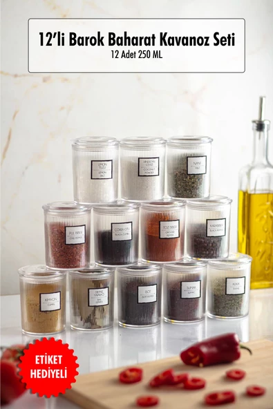 12'li Barok Yuvarlak Baharat Kavanoz Seti & Saklama Kabı & Erzak Kabı (12*250 ML) ürün görseli 1