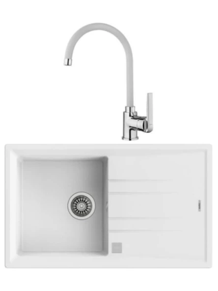 Teka Stone 50 B-TG Beyaz Granit Eviye + Teka IN 995 FW Beyaz Kuğu Mutfak Bataryası Seti ürün görseli 1