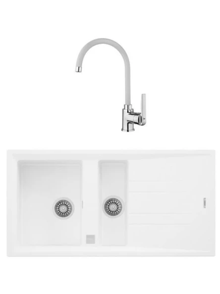 Teka Stone 60 B-TG Beyaz Granit Eviye + Teka IN 995 FW Beyaz Kuğu Mutfak Bataryası Seti ürün görseli 1