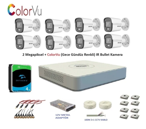 Hikvision 2mp 8 kameralı Dış ortam AHD HD-TVI ColorVu Gece Renkli Kamera Seti 4TB Disk ürün görseli 1